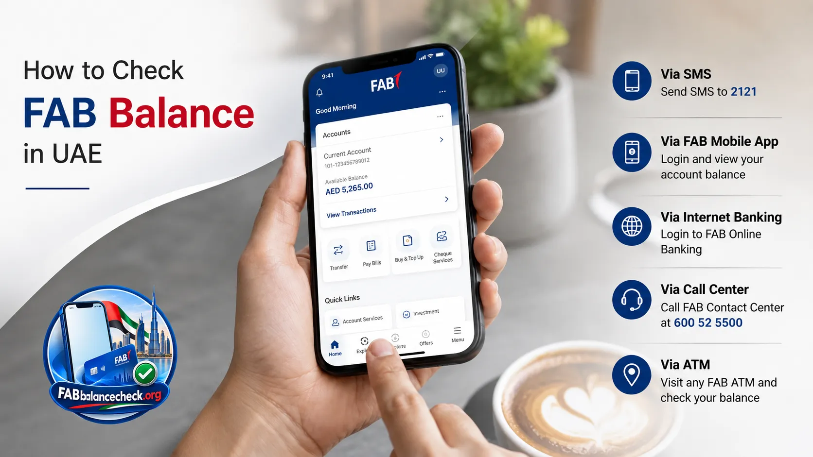 How to Check FAB Balance in UAE using SMS, FAB Mobile App, Internet Banking, Call Center, or ATM, with a smartphone showing account balance and FABbalancecheck.org logo.